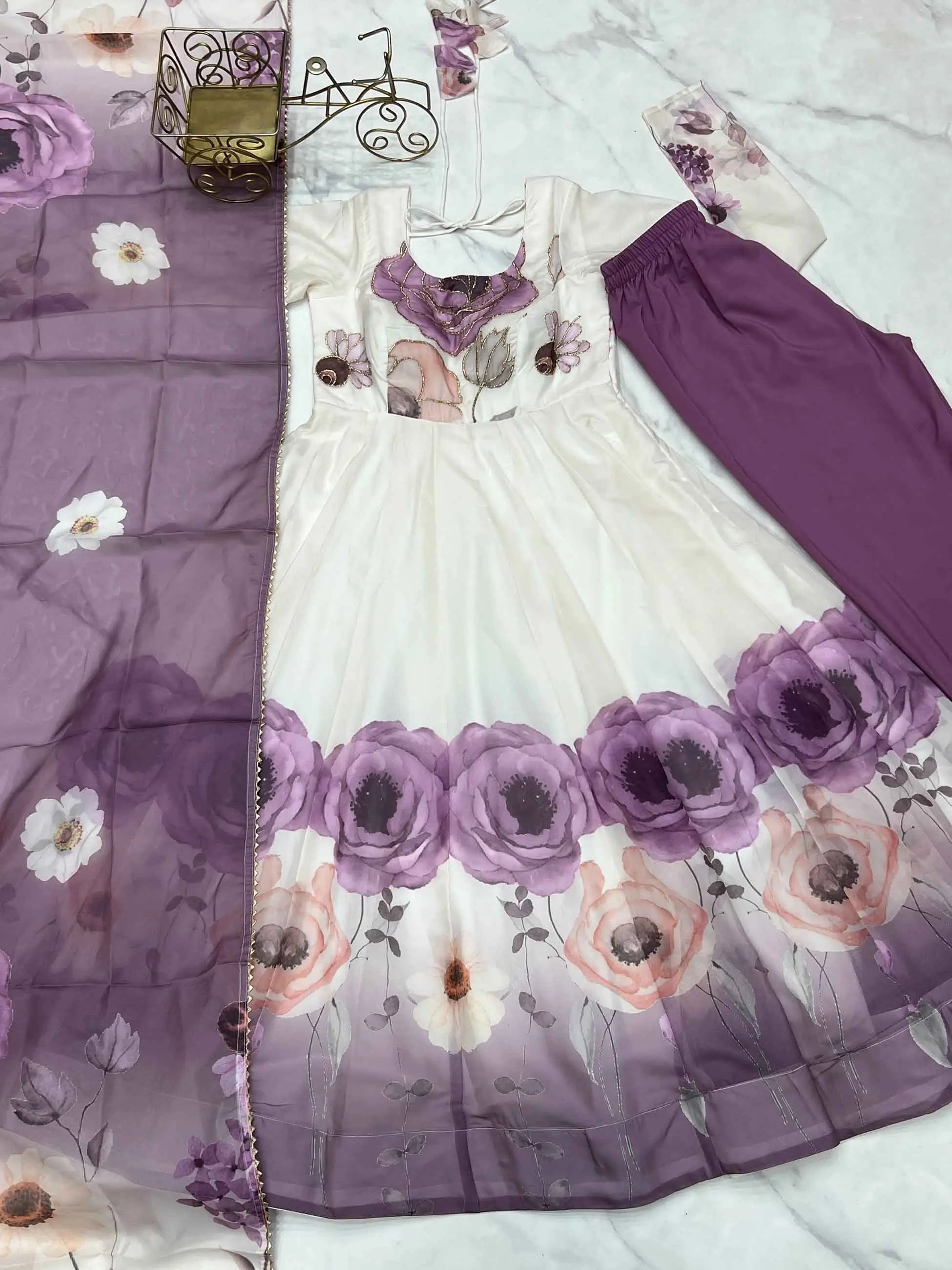 Dusky Purple Floral Print Organza Gown