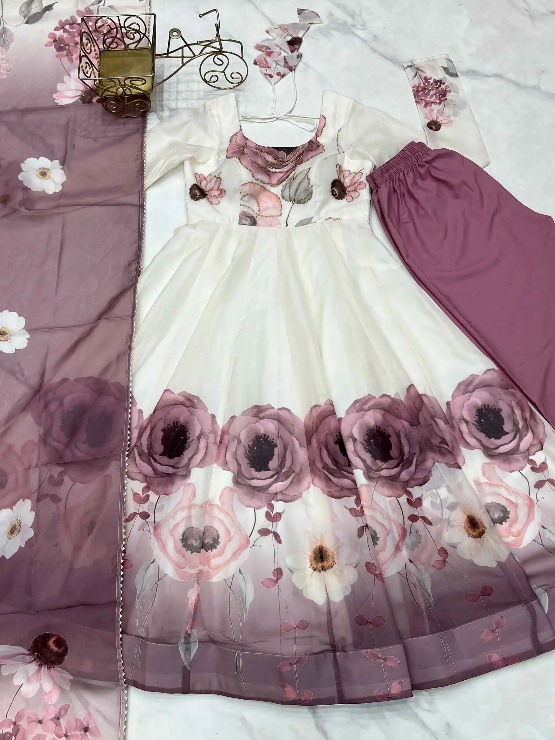 Onion Pink Floral Print Organza Gown