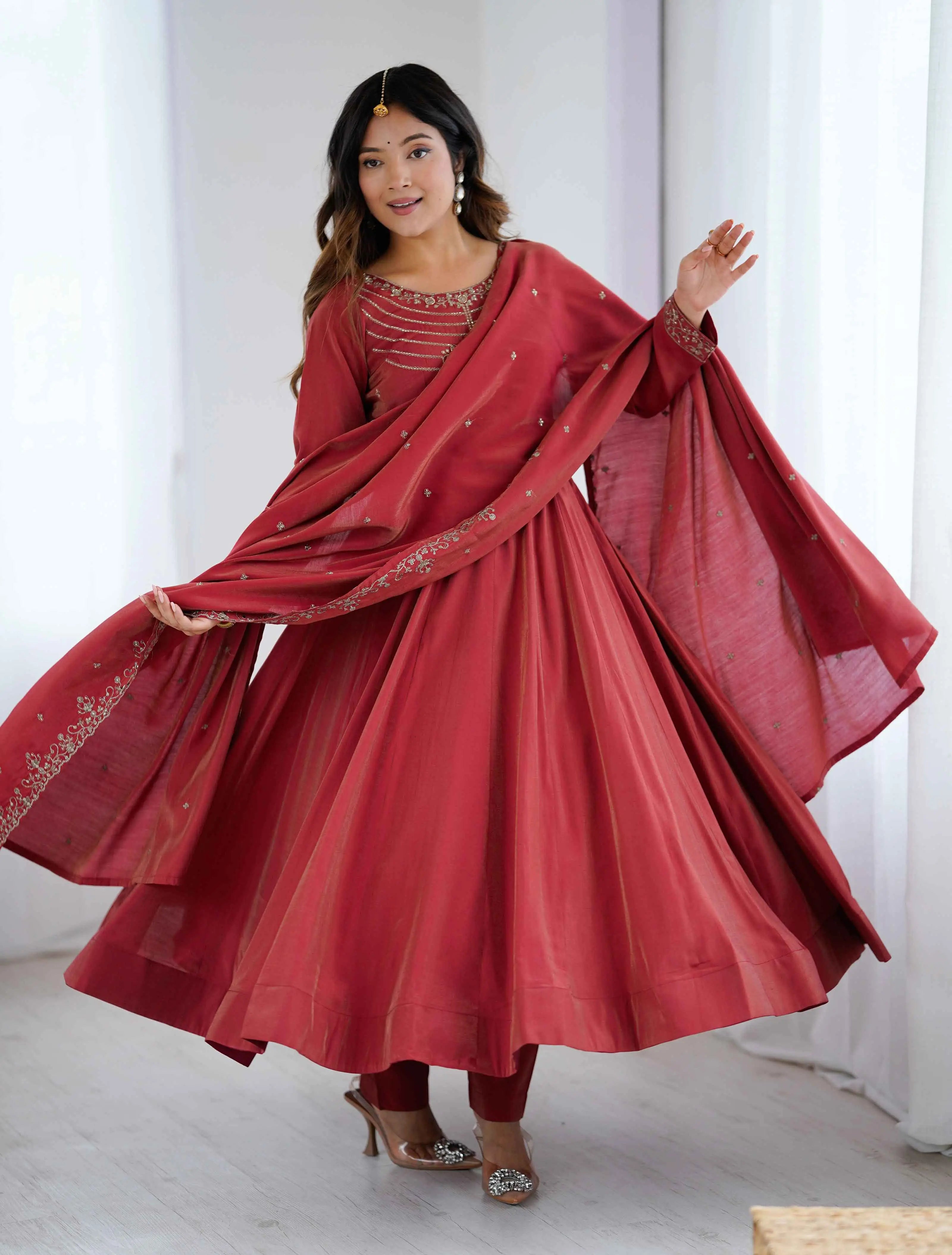 Dusty Red Silk Gown With Beads Hand Work