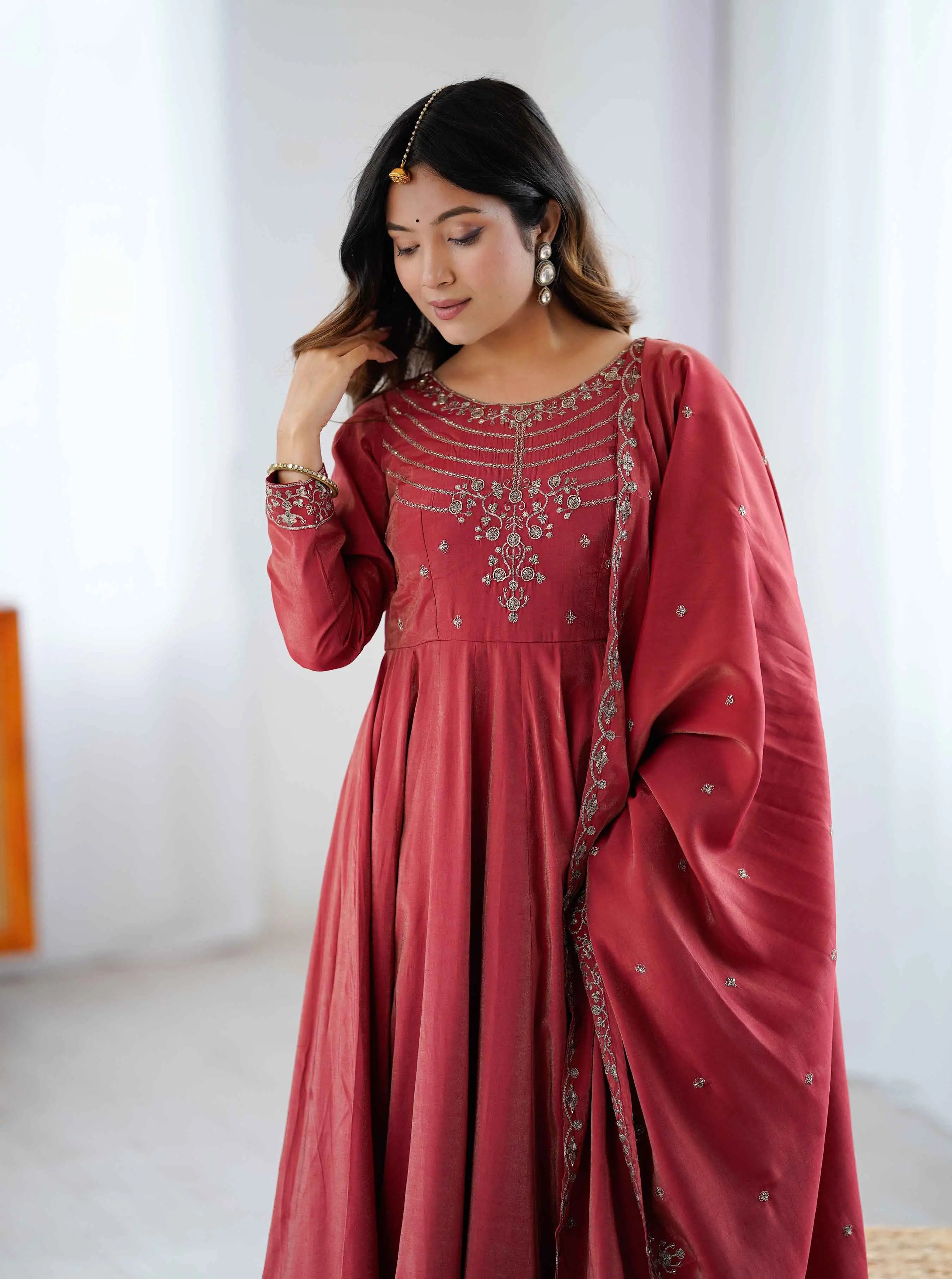 Dusty Red Silk Gown With Beads Hand Work