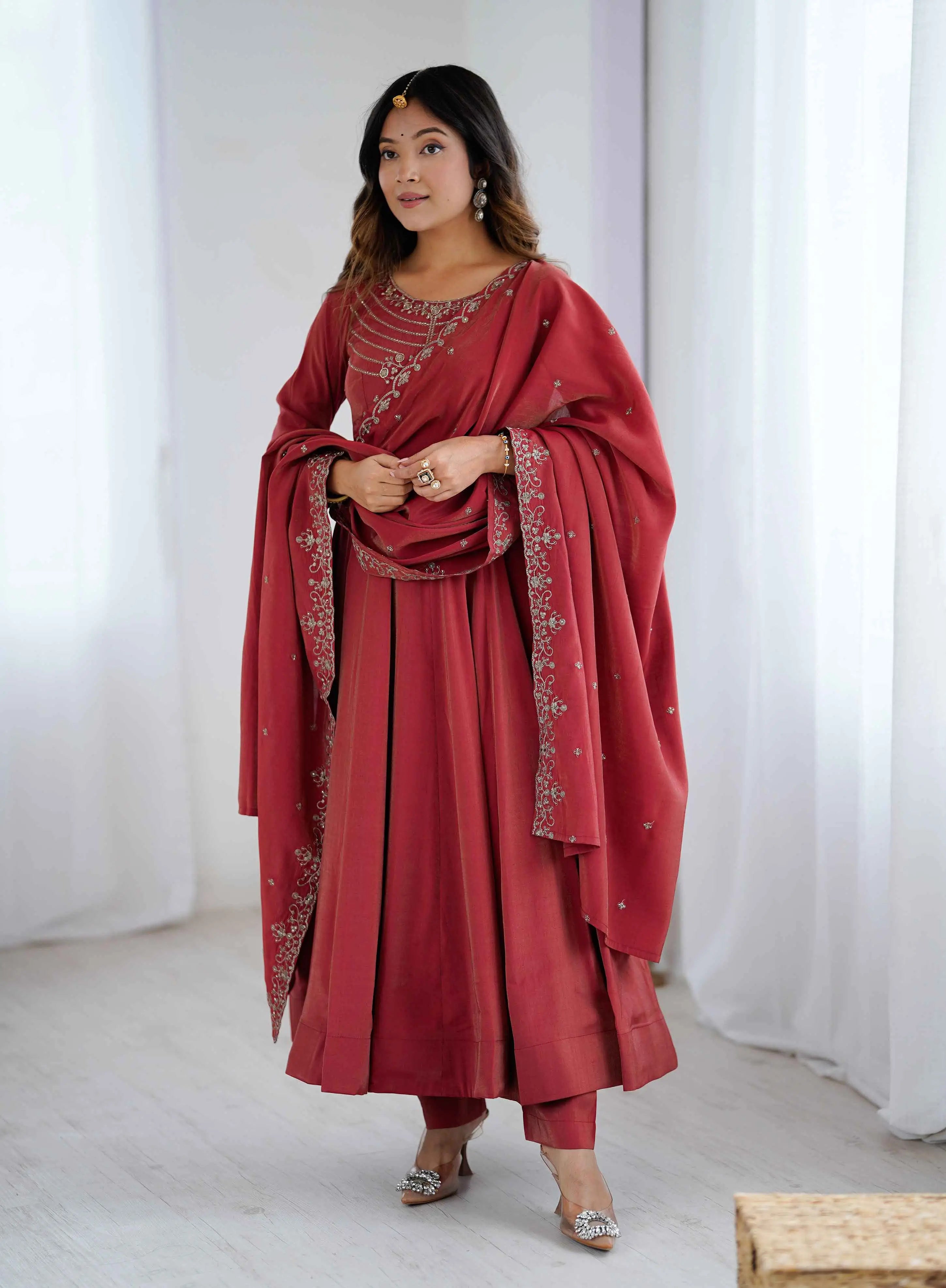 Dusty Red Silk Gown With Beads Hand Work