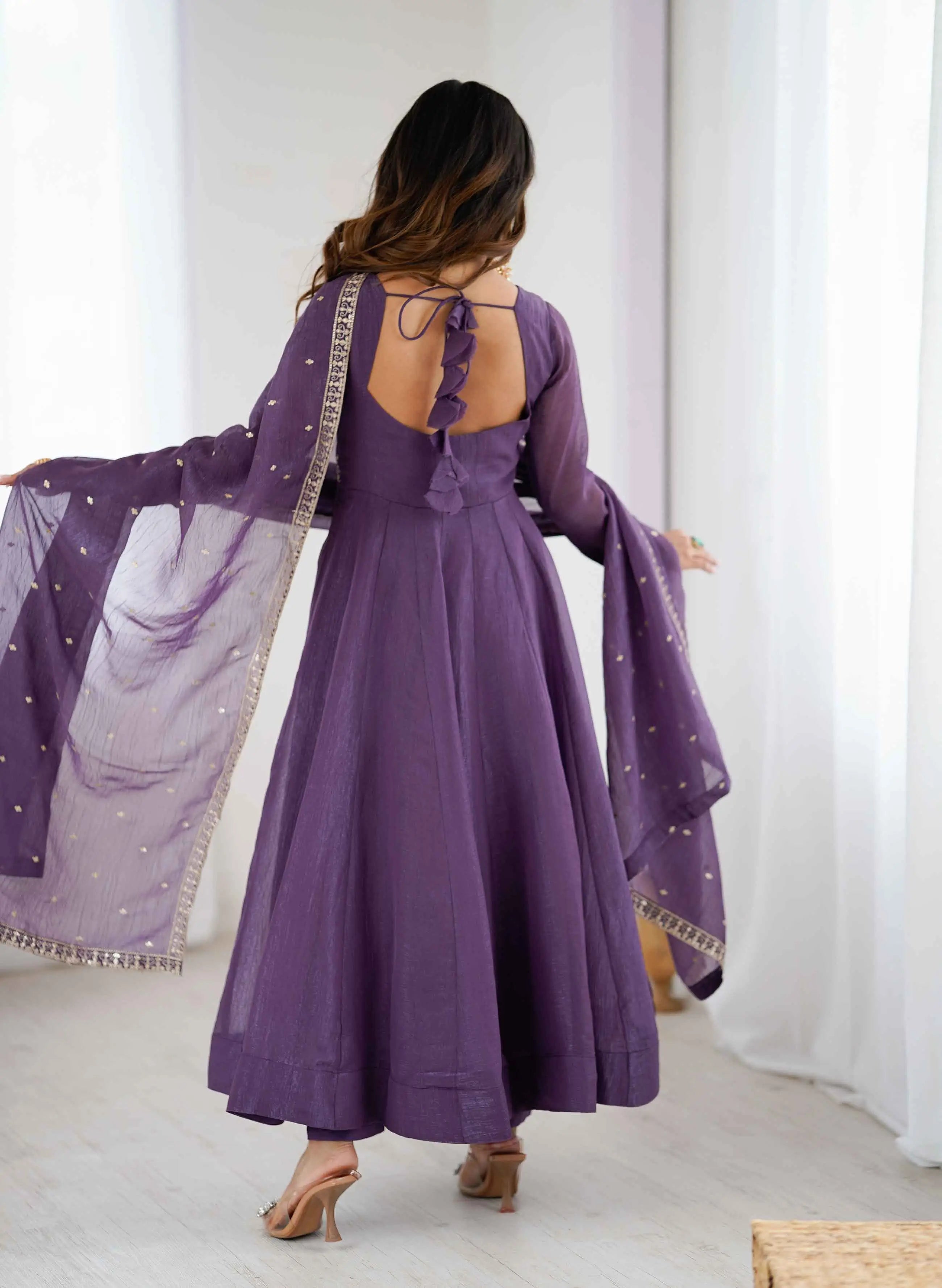 Plum Purple Crunchy Silk Embroidery Gown