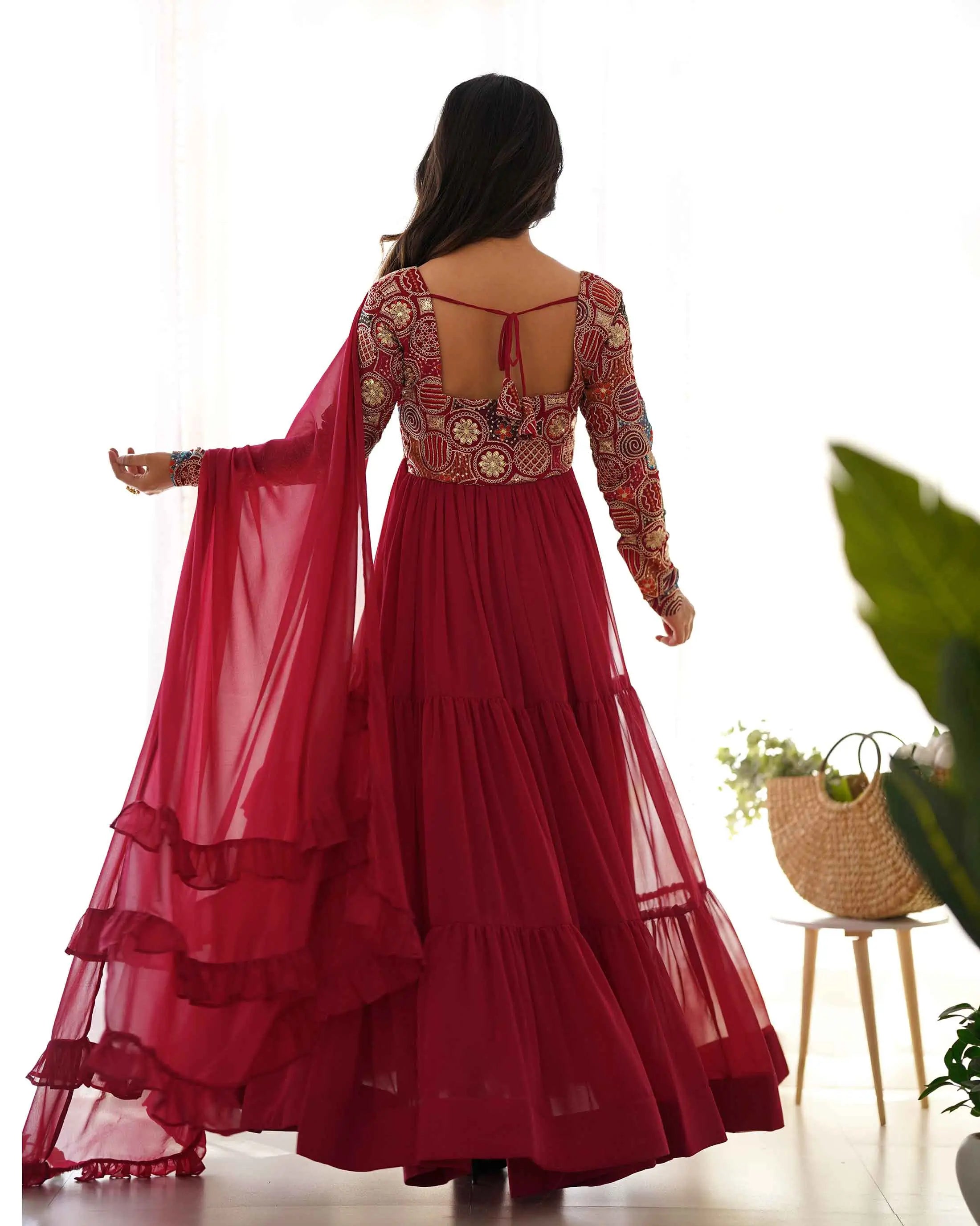 Designer Maroon Georgette Embroidery Gown