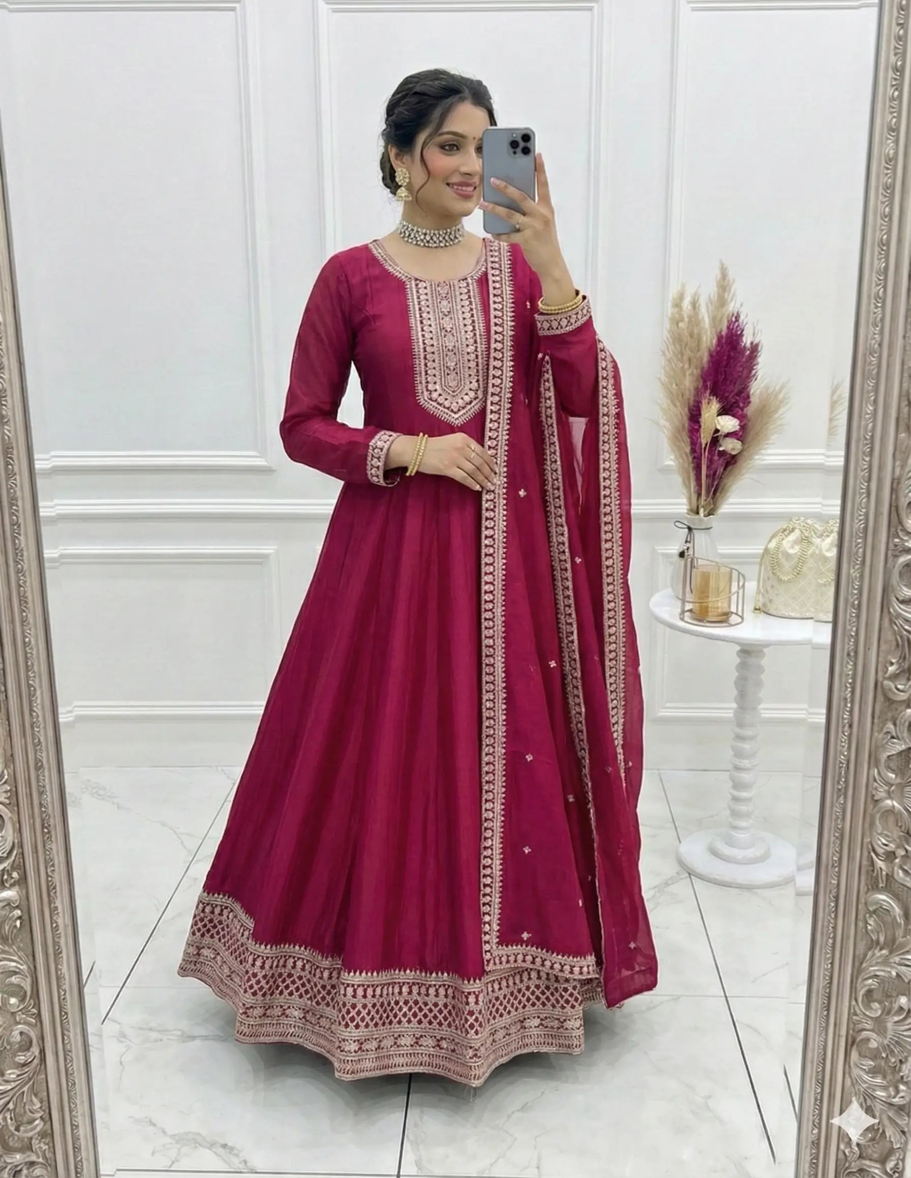 Rani Pink Silk Embroidery Work Gown