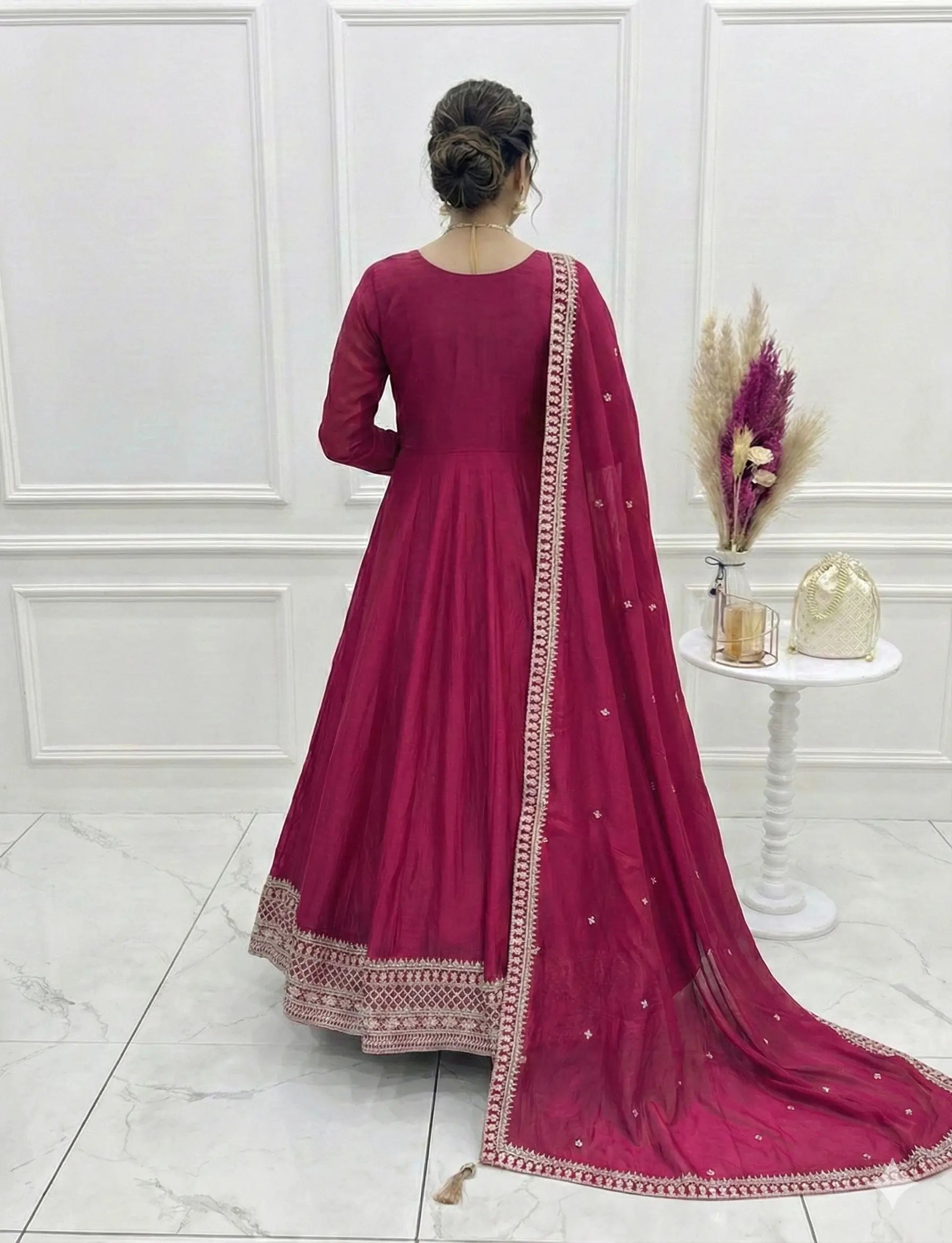 Rani Pink Silk Embroidery Work Gown