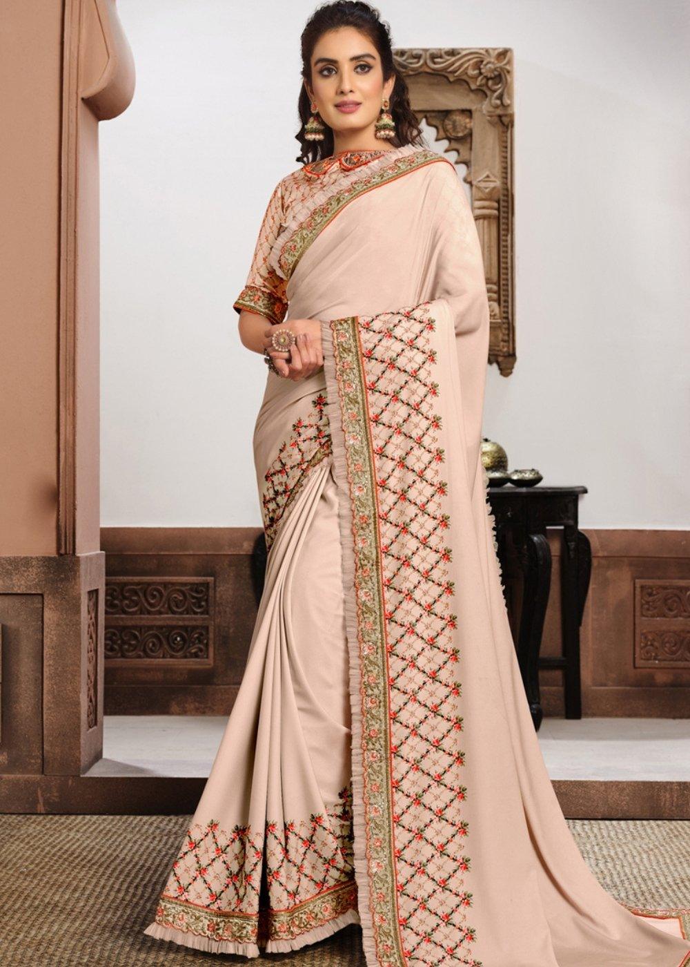 Nude Pink Digital Print Silk Georgette Saree with Zari & Resham Embroidery | Stitched Blouse - qivii