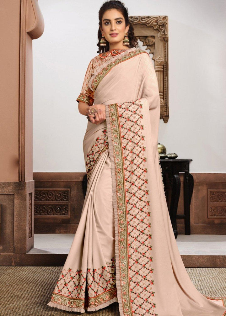 Nude Pink Digital Print Silk Georgette Saree with Zari & Resham Embroidery | Stitched Blouse - qivii