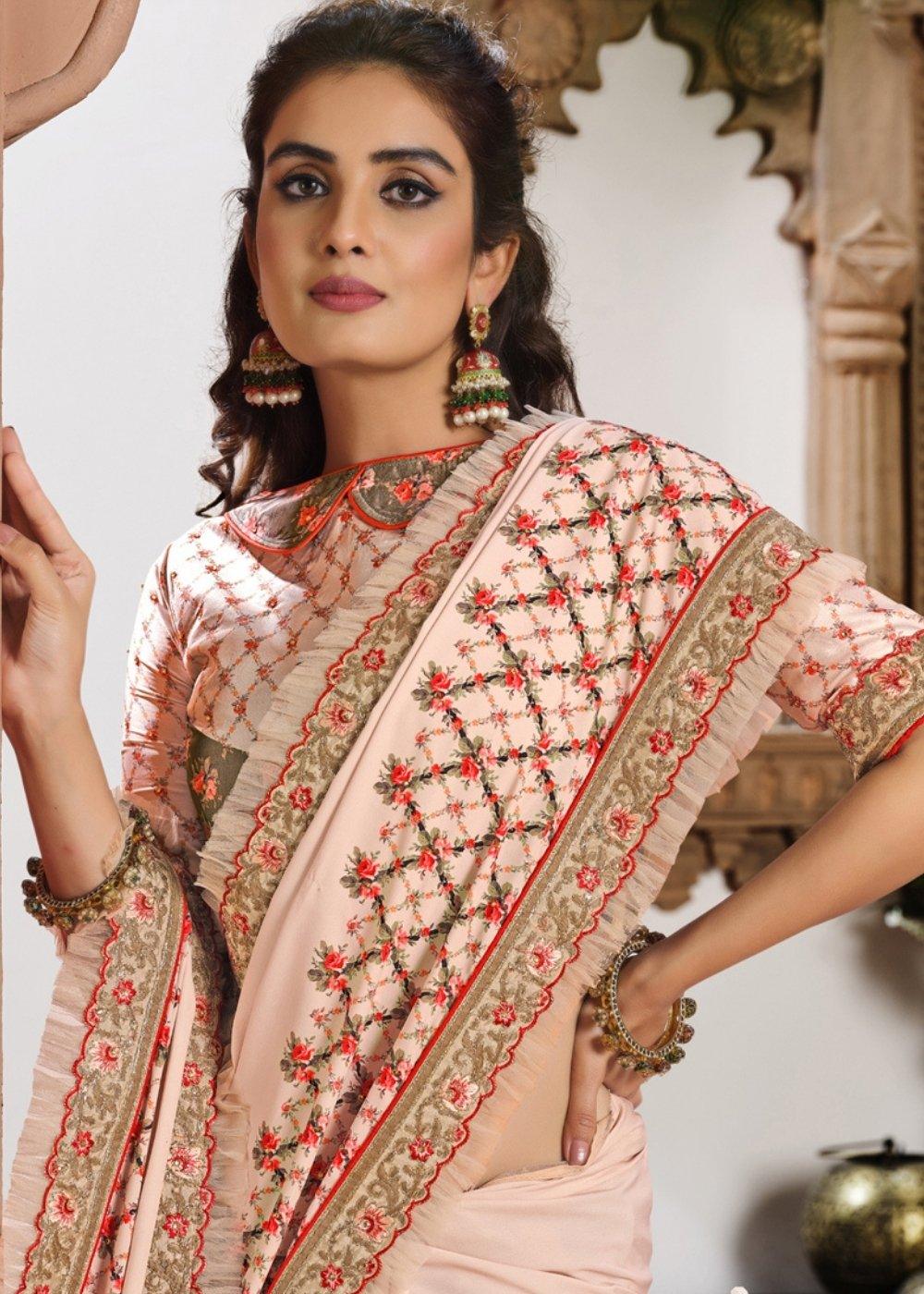 Nude Pink Digital Print Silk Georgette Saree with Zari & Resham Embroidery | Stitched Blouse - qivii