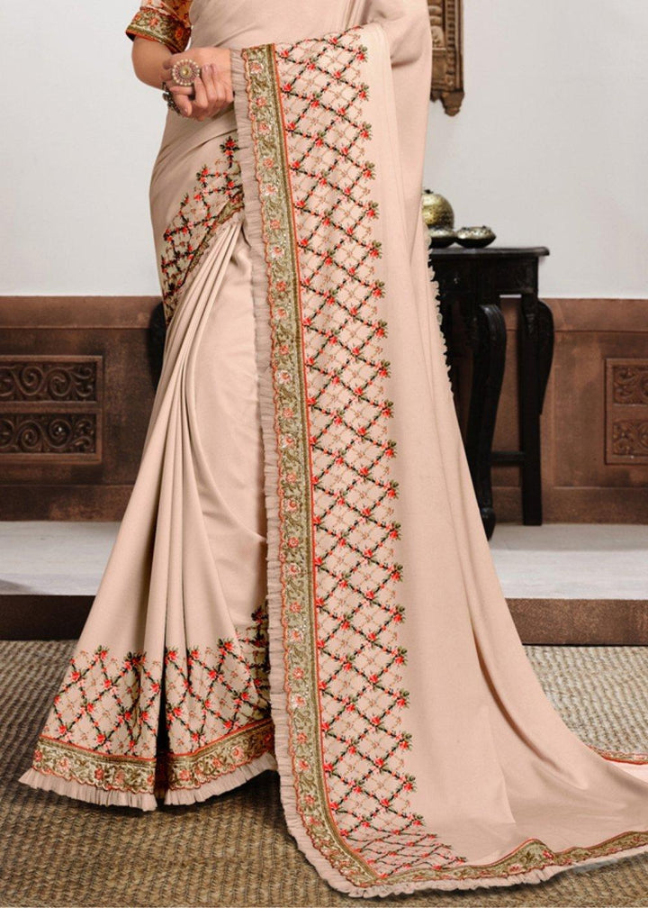 Nude Pink Digital Print Silk Georgette Saree with Zari & Resham Embroidery | Stitched Blouse - qivii