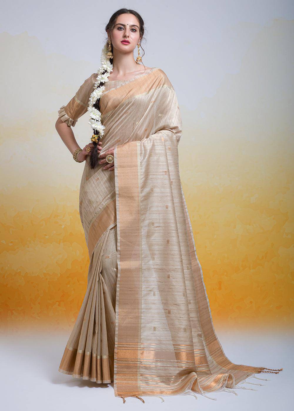 Oat Brown Zari Woven Cotton Silk Saree | Stitched Blouse - qivii