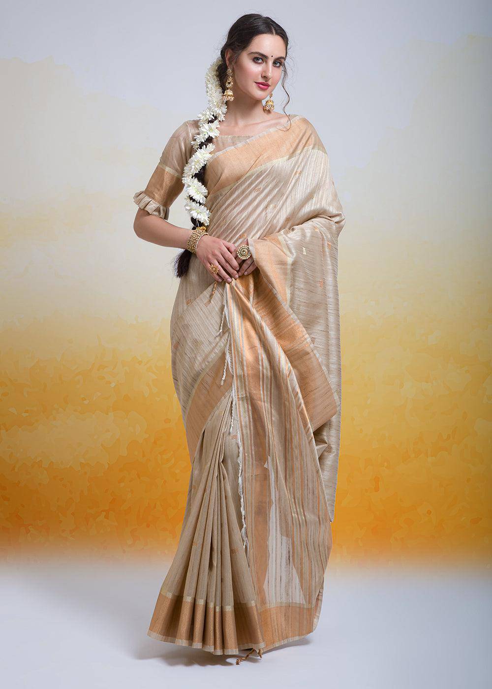 Oat Brown Zari Woven Cotton Silk Saree | Stitched Blouse - qivii