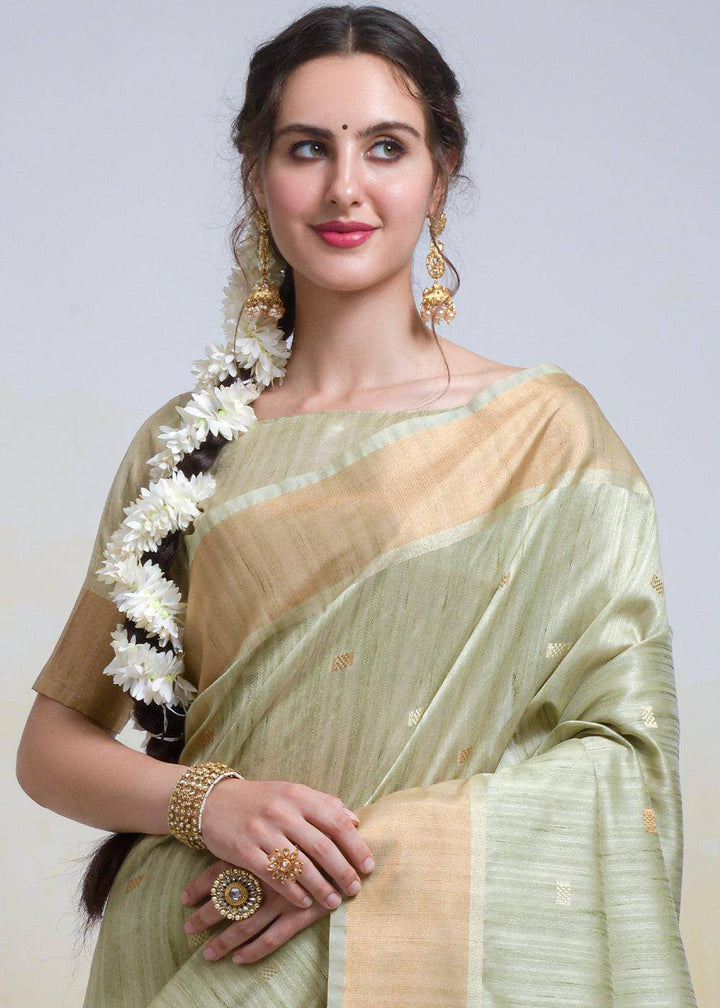 Oat Brown Zari Woven Cotton Silk Saree | Stitched Blouse - qivii