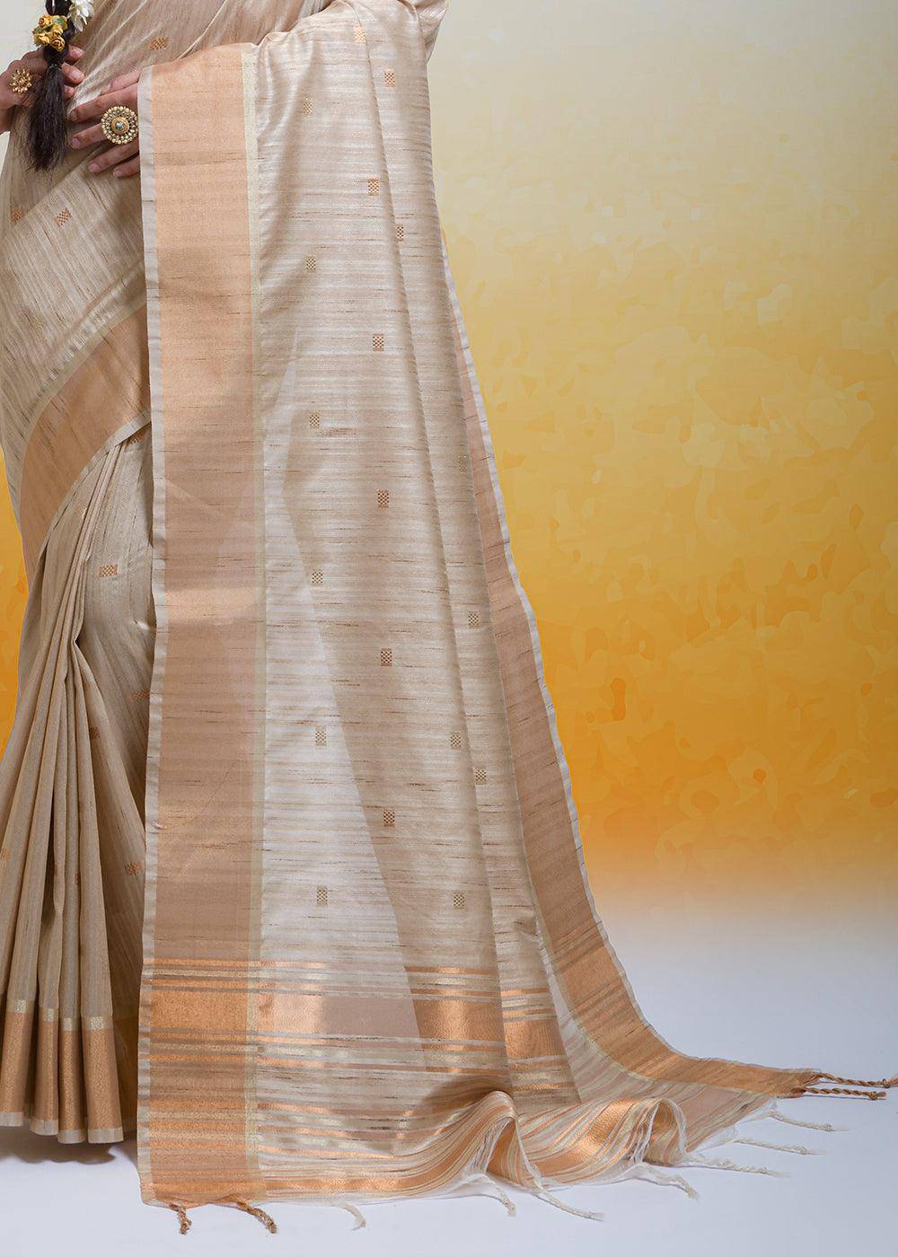 Oat Brown Zari Woven Cotton Silk Saree | Stitched Blouse - qivii