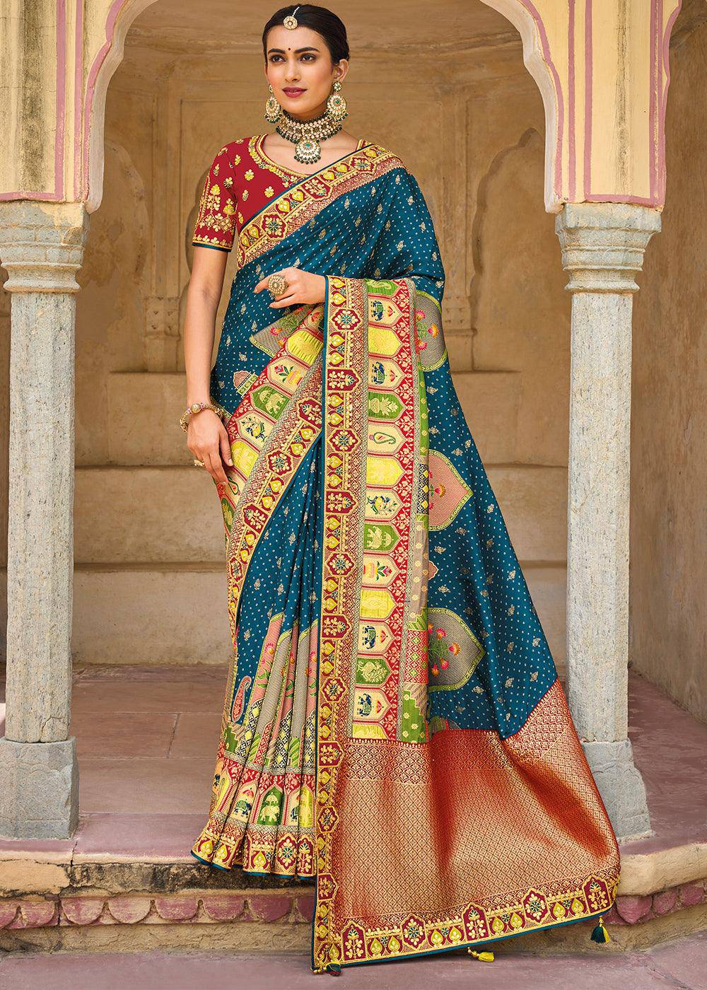 Ocean Blue Dola Silk Saree with Beautiful Embroidery work: Wedding Edition | Stitched Blouse - qivii