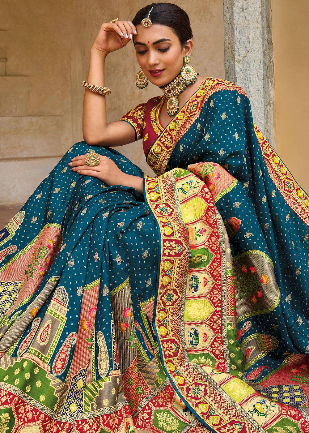 Ocean Blue Dola Silk Saree with Beautiful Embroidery work: Wedding Edition | Stitched Blouse - qivii