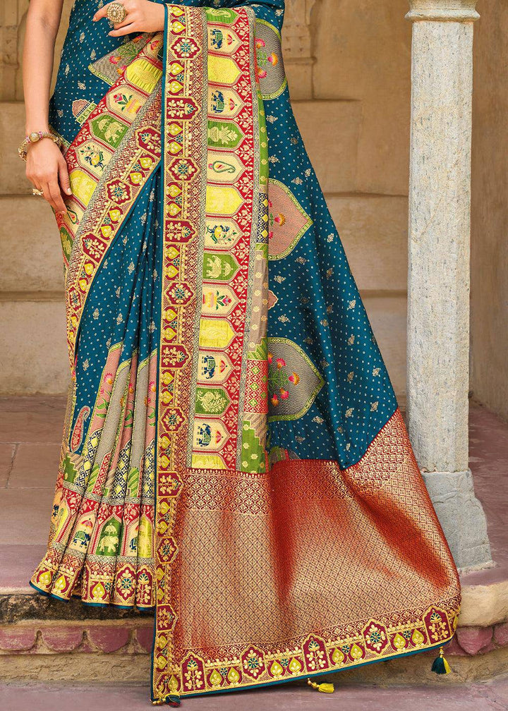 Ocean Blue Dola Silk Saree with Beautiful Embroidery work: Wedding Edition | Stitched Blouse - qivii