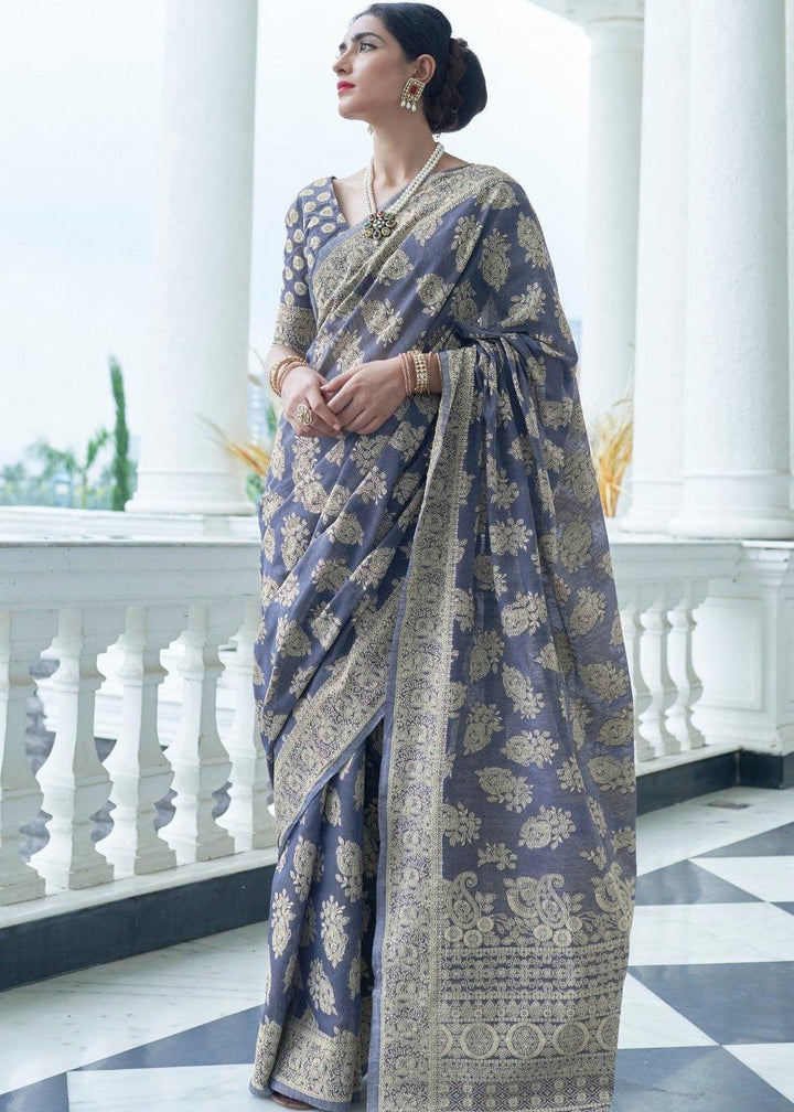 Ocean Blue Lucknowi Chikankari Weaving Silk Saree | Stitched Blouse - qivii