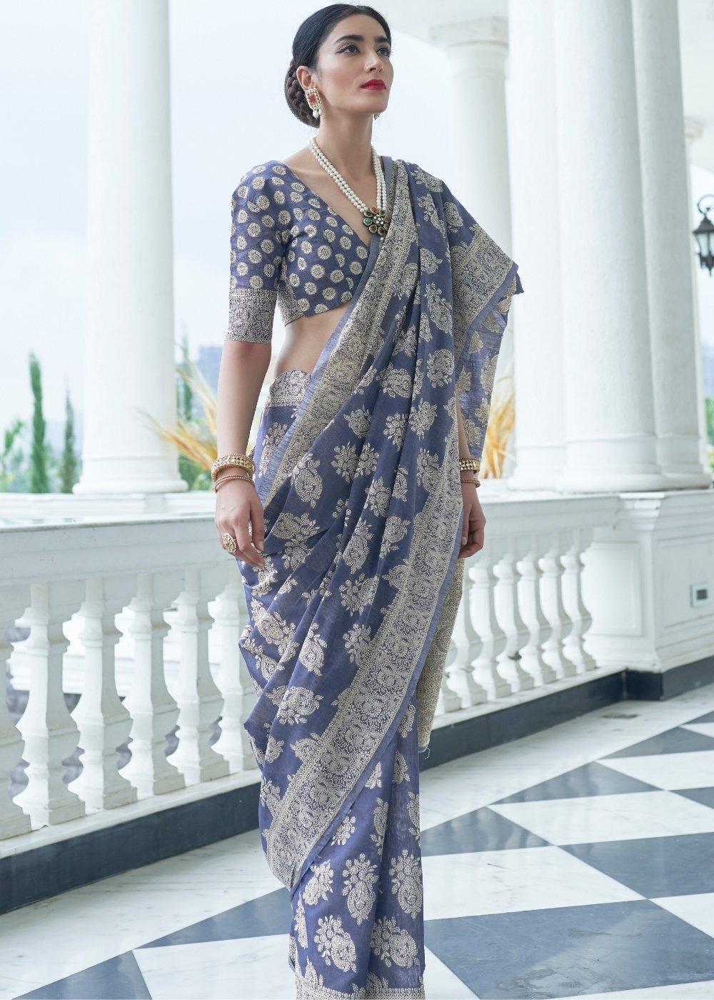 Ocean Blue Lucknowi Chikankari Weaving Silk Saree | Stitched Blouse - qivii