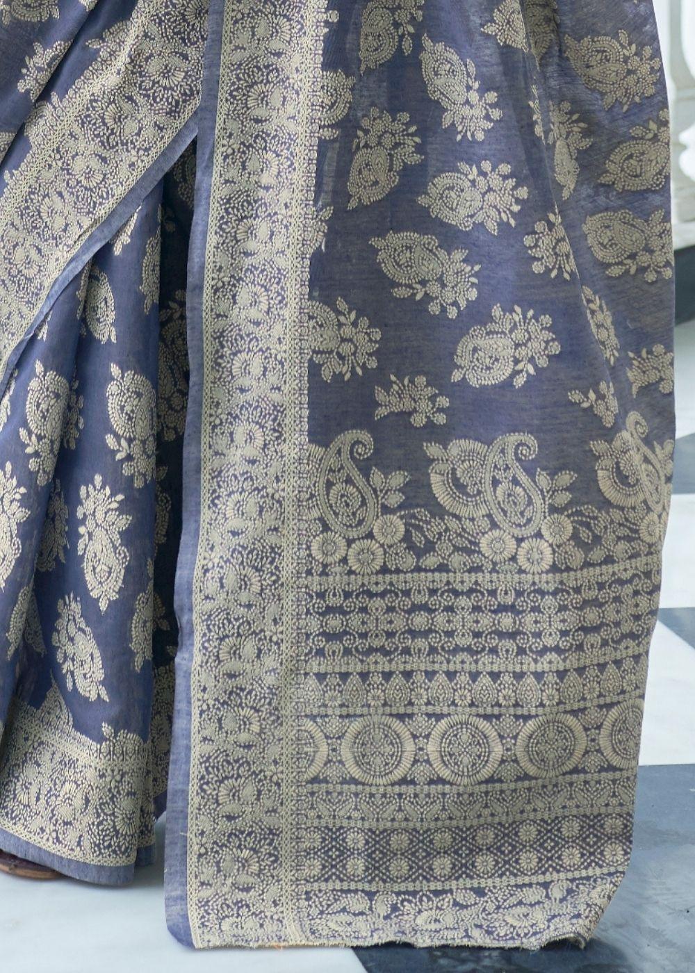 Ocean Blue Lucknowi Chikankari Weaving Silk Saree | Stitched Blouse - qivii