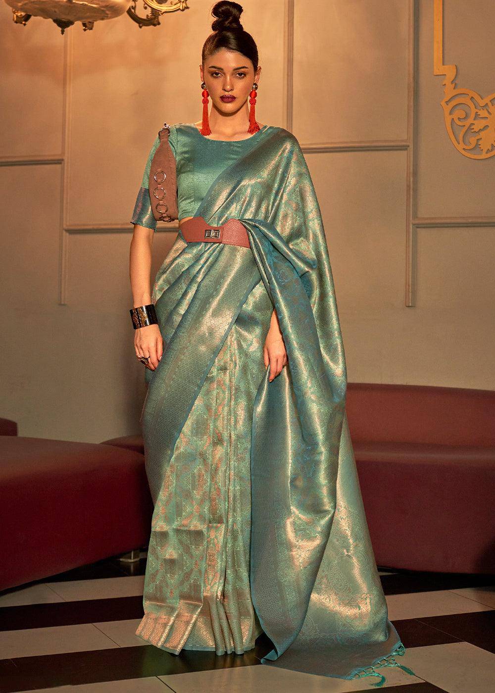 Ocean Green Two Tone Handloom Weaving Kanjivaram Silk Saree : Top Pick | Stitched Blouse - qivii