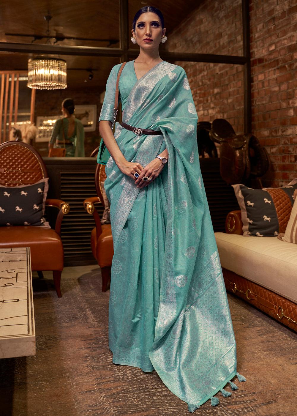 Oceanic Teal Blue Woven Linen Silk Saree | Stitched Blouse - qivii