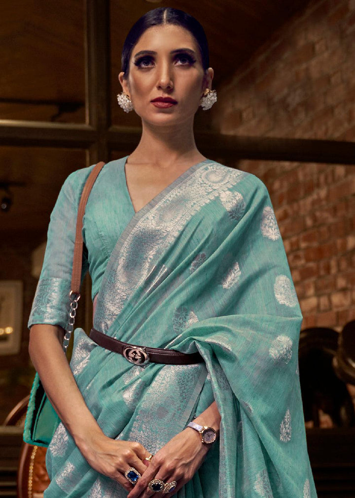 Oceanic Teal Blue Woven Linen Silk Saree | Stitched Blouse - qivii