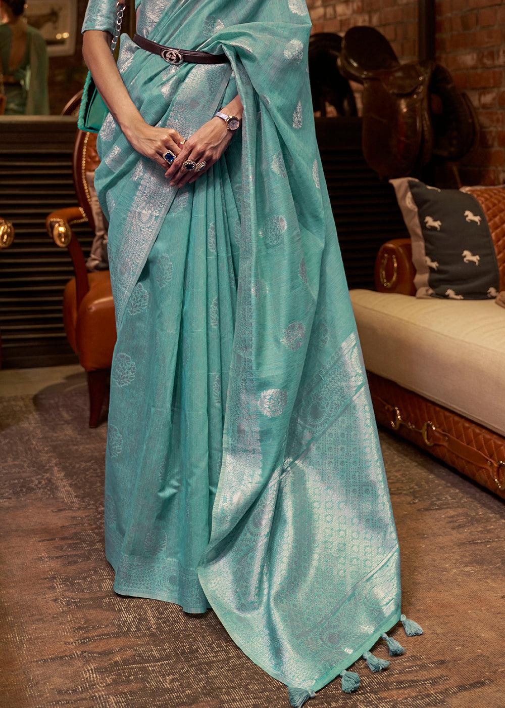 Oceanic Teal Blue Woven Linen Silk Saree | Stitched Blouse - qivii