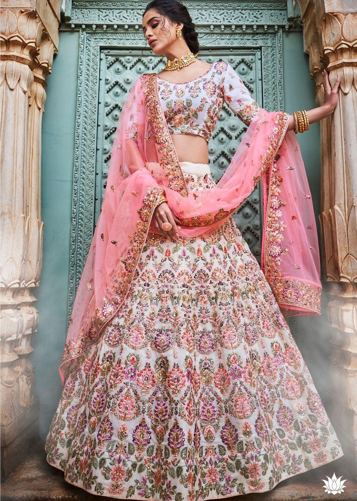 Off White Georgette Lehenga Choli with Thread, Sequins, Zari and Zarkan work - qivii