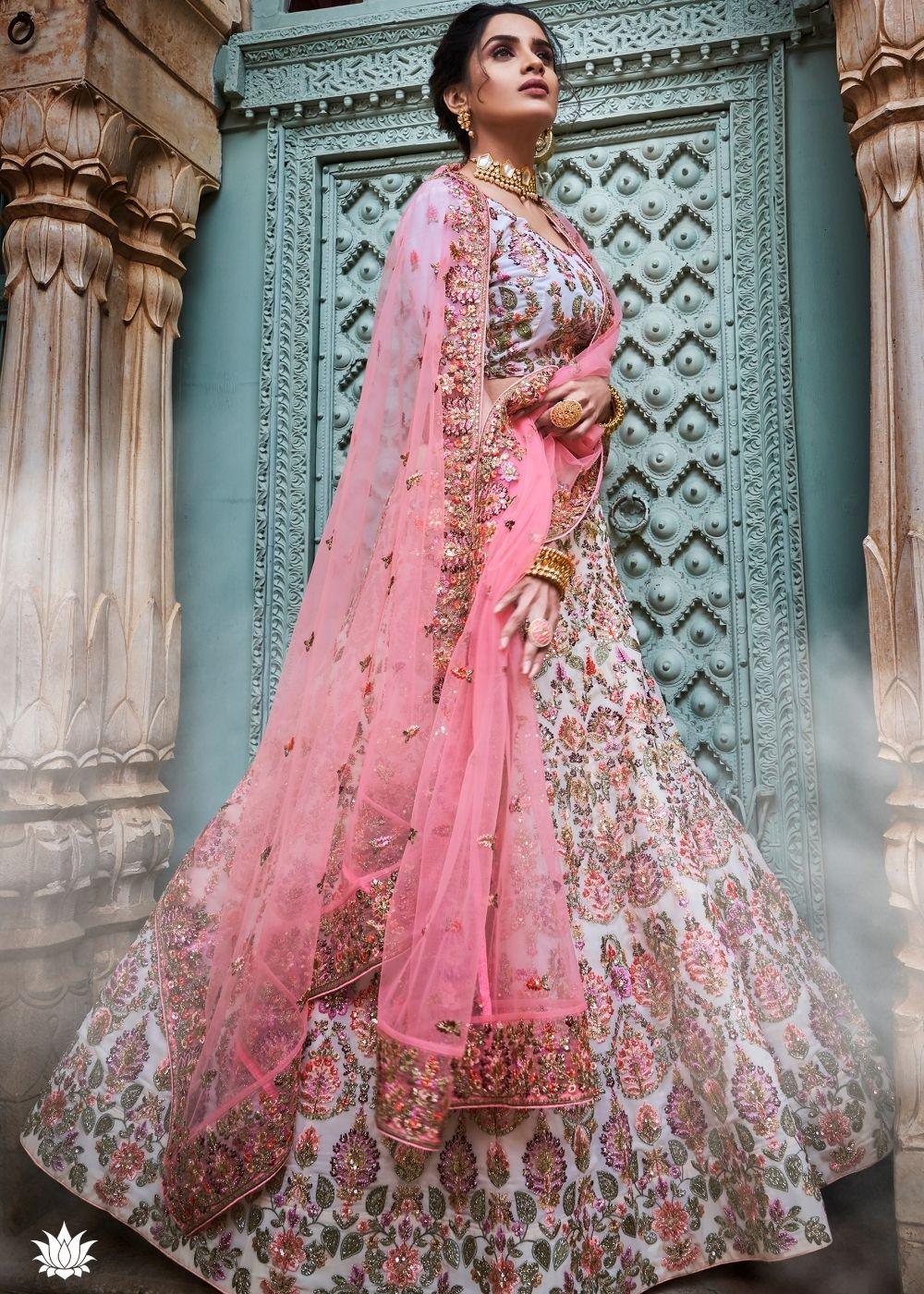 Off White Georgette Lehenga Choli with Thread, Sequins, Zari and Zarkan work - qivii