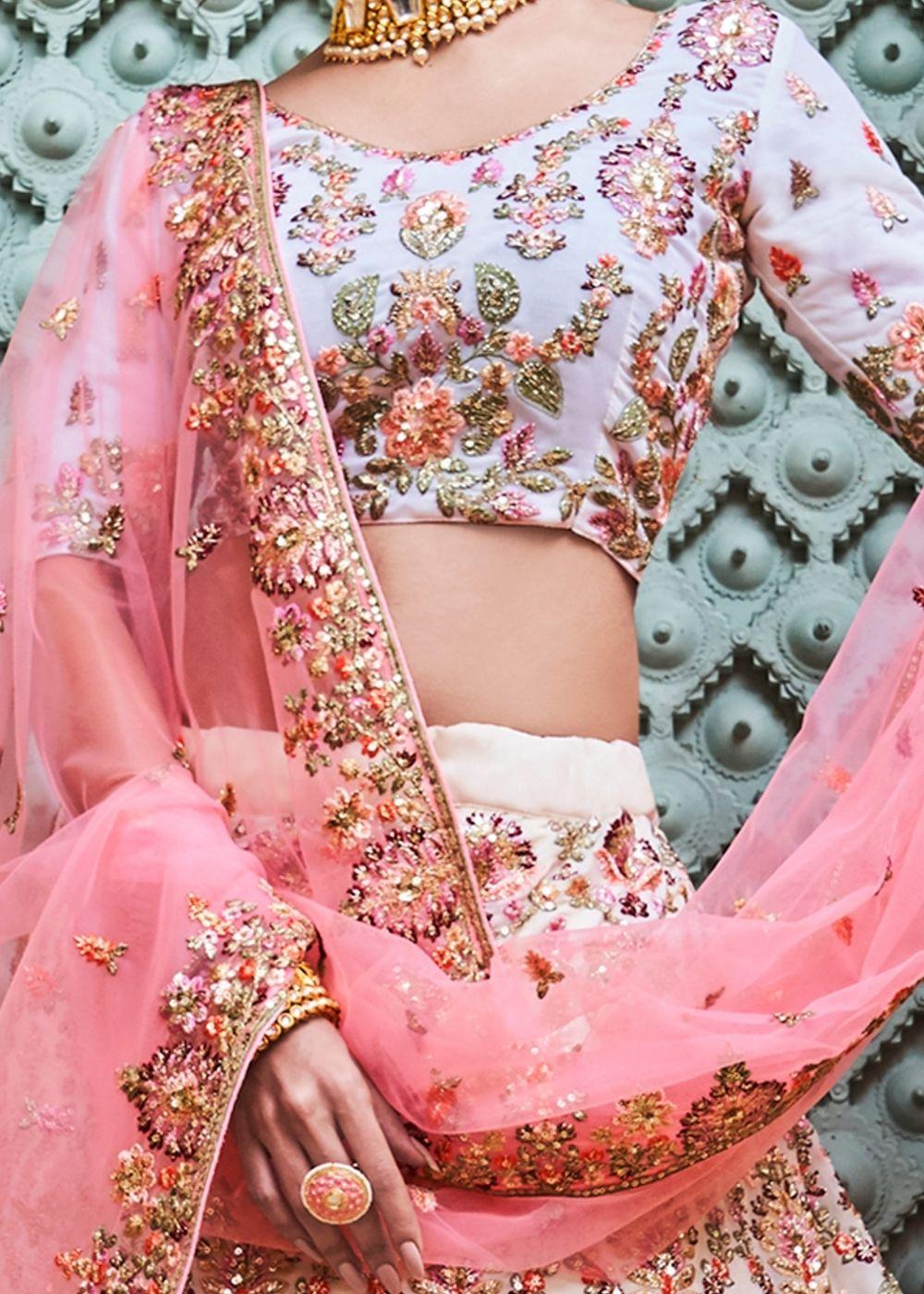 Off White Georgette Lehenga Choli with Thread, Sequins, Zari and Zarkan work - qivii