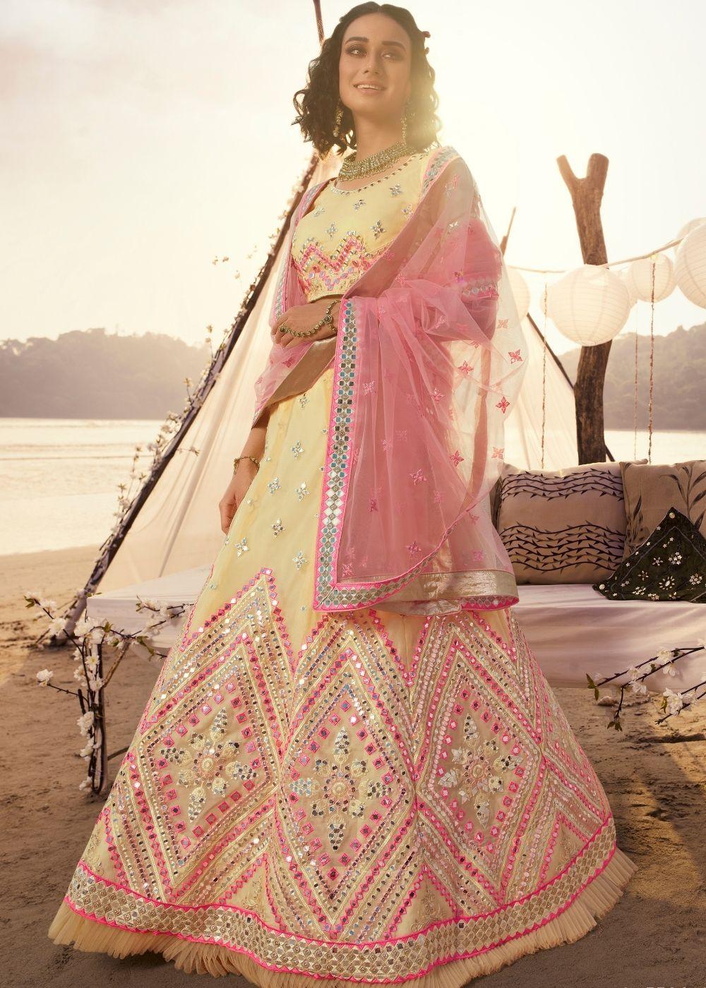 Off-White Organza Lehenga Choli with Thread, Foli and Mirror work - qivii