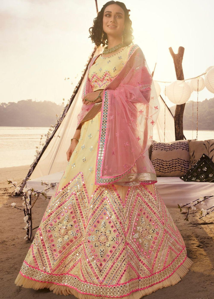 Off-White Organza Lehenga Choli with Thread, Foli and Mirror work - qivii