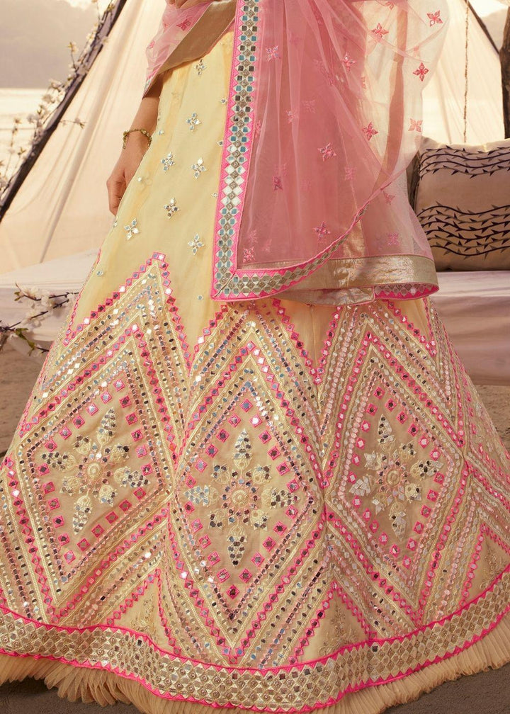 Off-White Organza Lehenga Choli with Thread, Foli and Mirror work - qivii