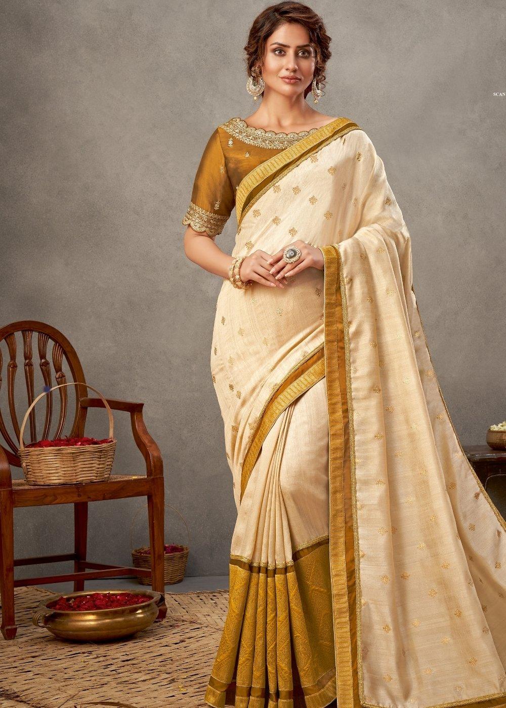 Off White Tussar Silk Saree with Zari & Sequins Embroidery | Stitched Blouse - qivii