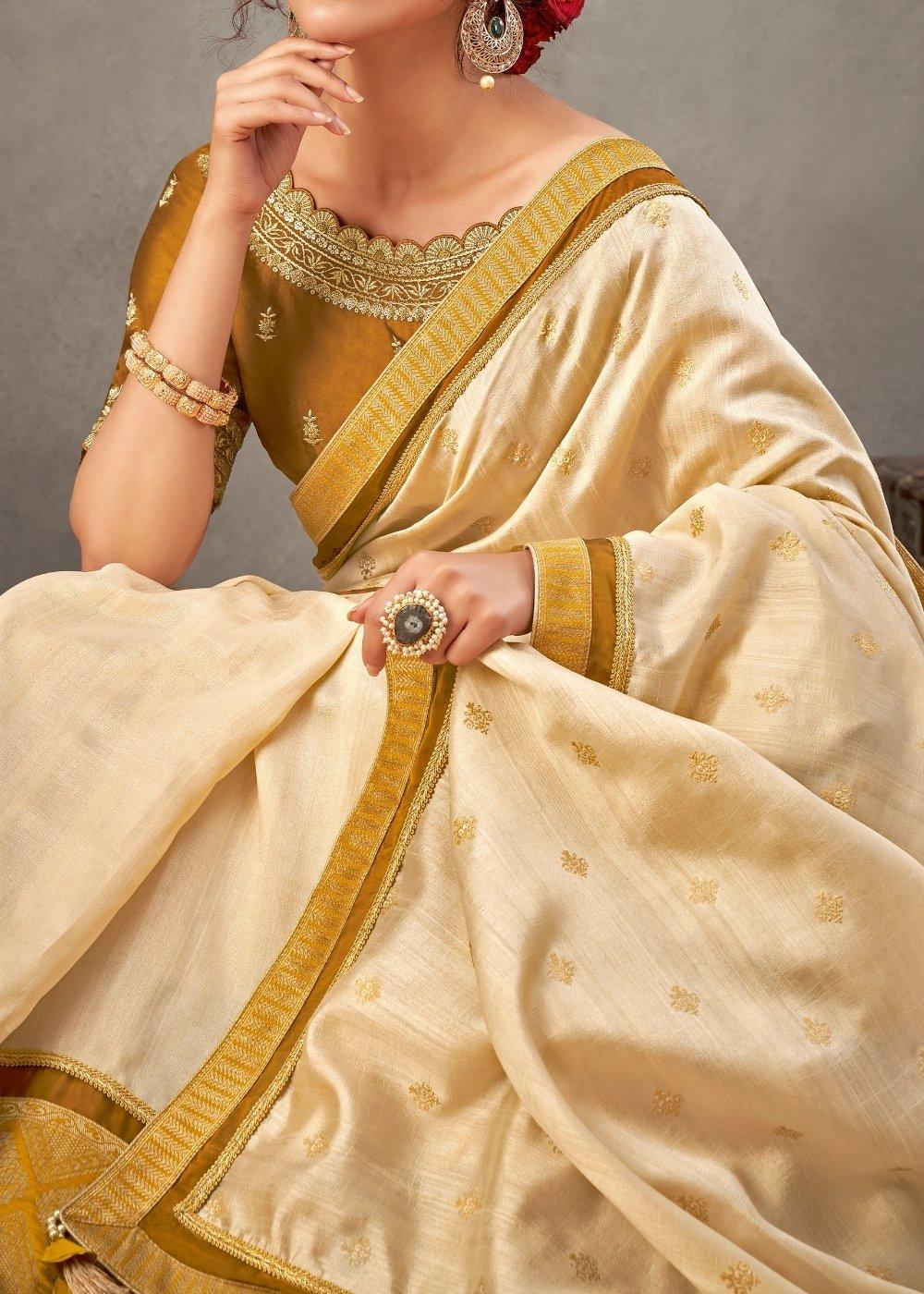 Off White Tussar Silk Saree with Zari & Sequins Embroidery | Stitched Blouse - qivii