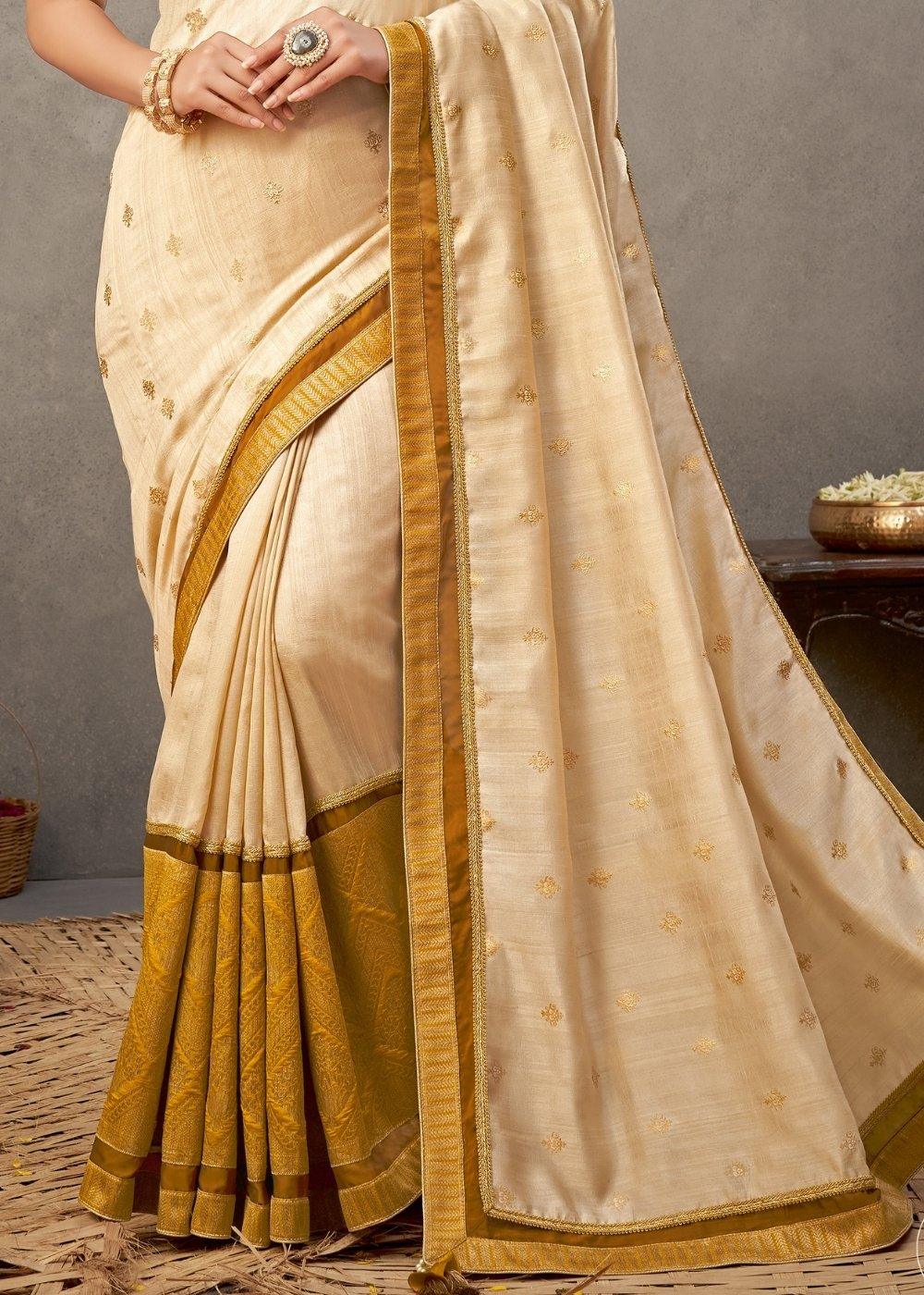 Off White Tussar Silk Saree with Zari & Sequins Embroidery | Stitched Blouse - qivii