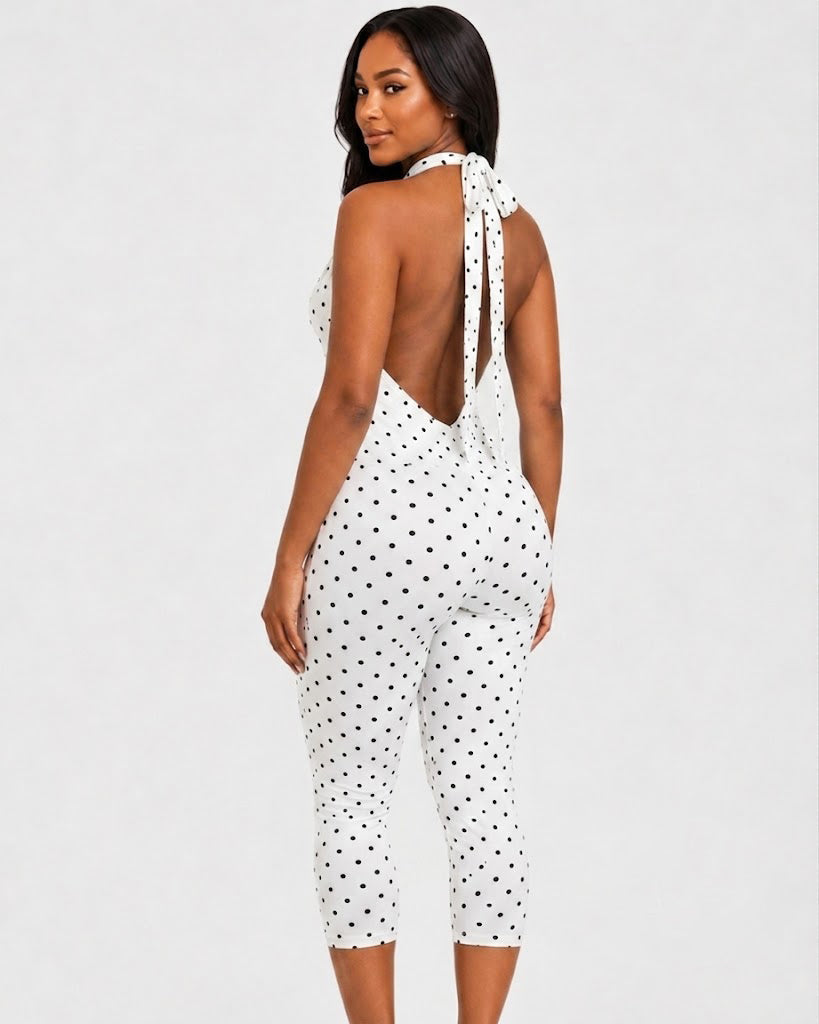 Polka Dot Halter Cutout Backless Capri Jumpsuit  - By Qivii