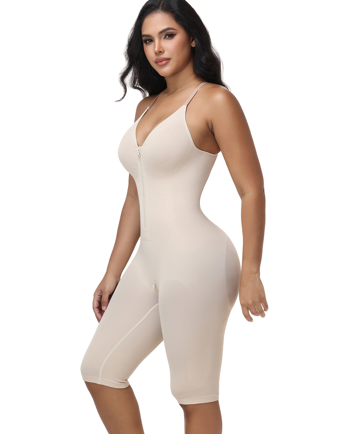 V Neck Front Zip Crisscross Back Knee Length Tummy Contro Bodysuit Butt Lifting Shaper