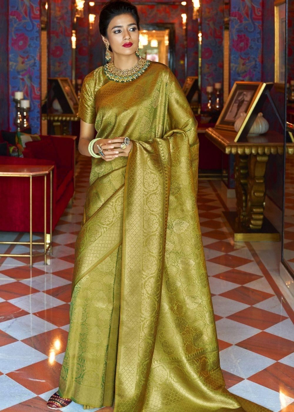 Olive Green and Golden Blend Woven Kanjivaram Soft Silk Saree : Top Pick | Stitched Blouse - qivii