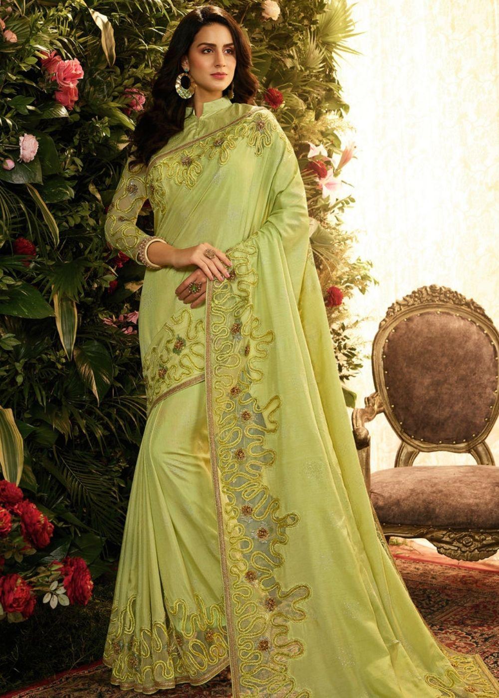 Olive Green Designer Embroidered Saree | Stitched Blouse - qivii