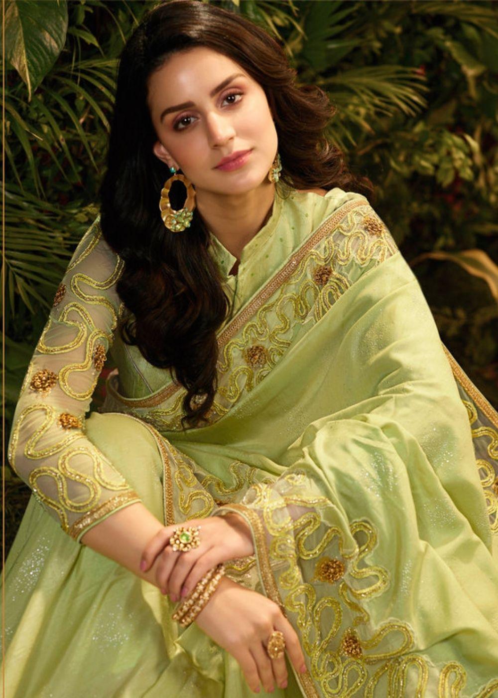 Olive Green Designer Embroidered Saree | Stitched Blouse - qivii