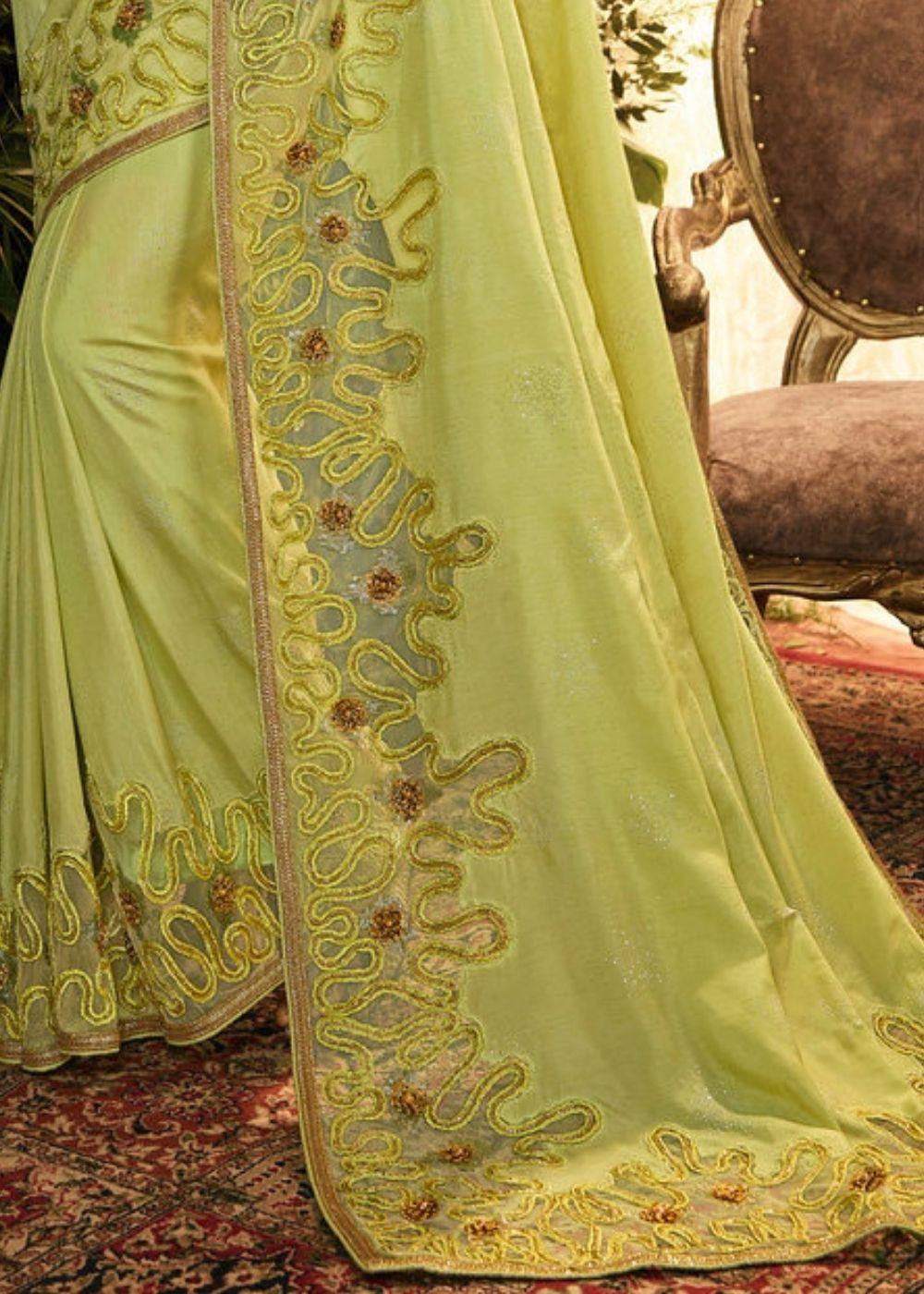 Olive Green Designer Embroidered Saree | Stitched Blouse - qivii