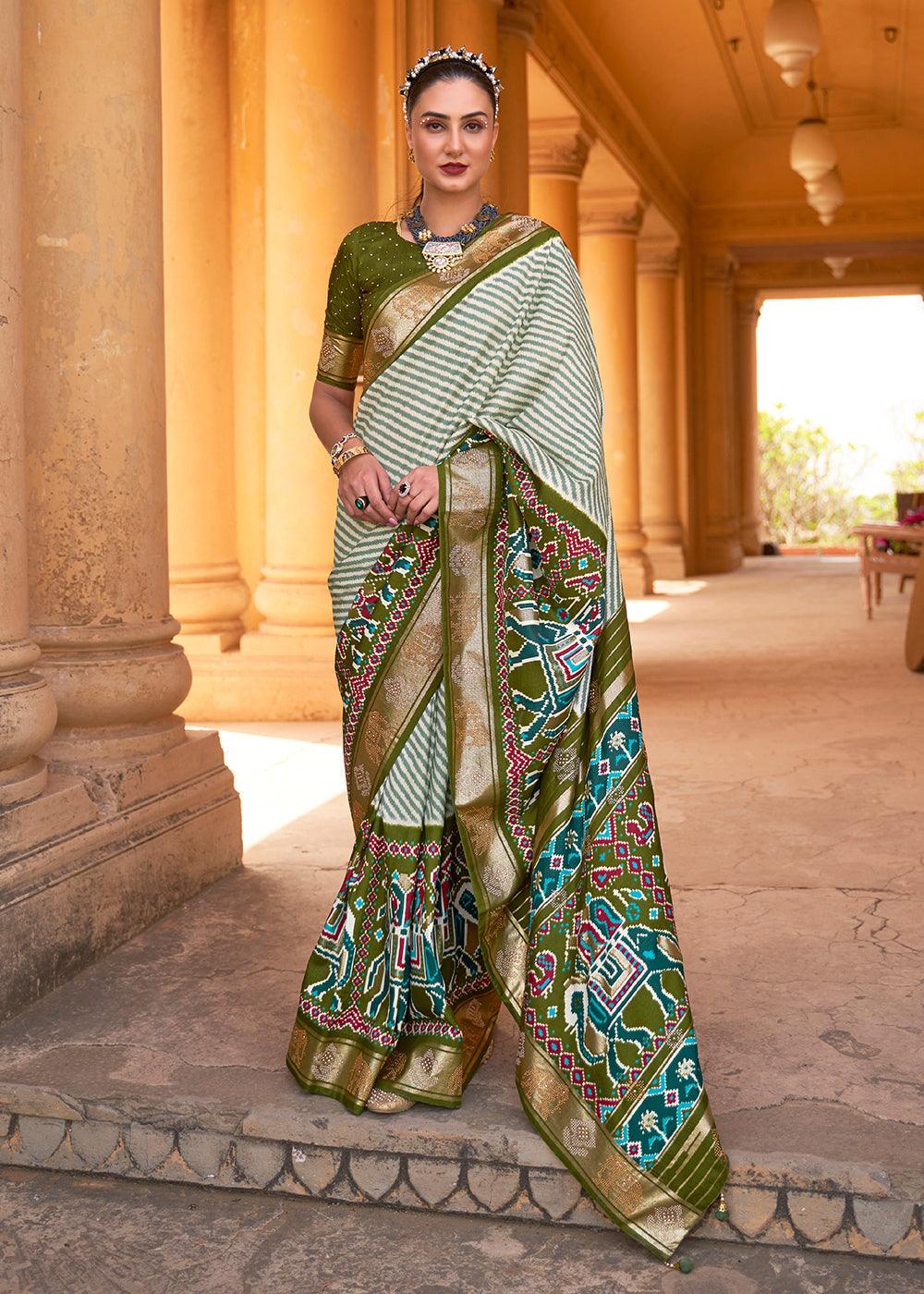 Olive Green Designer Patola Silk Saree with Zari Border & Stone work(Pre-Order) | Stitched Blouse - qivii