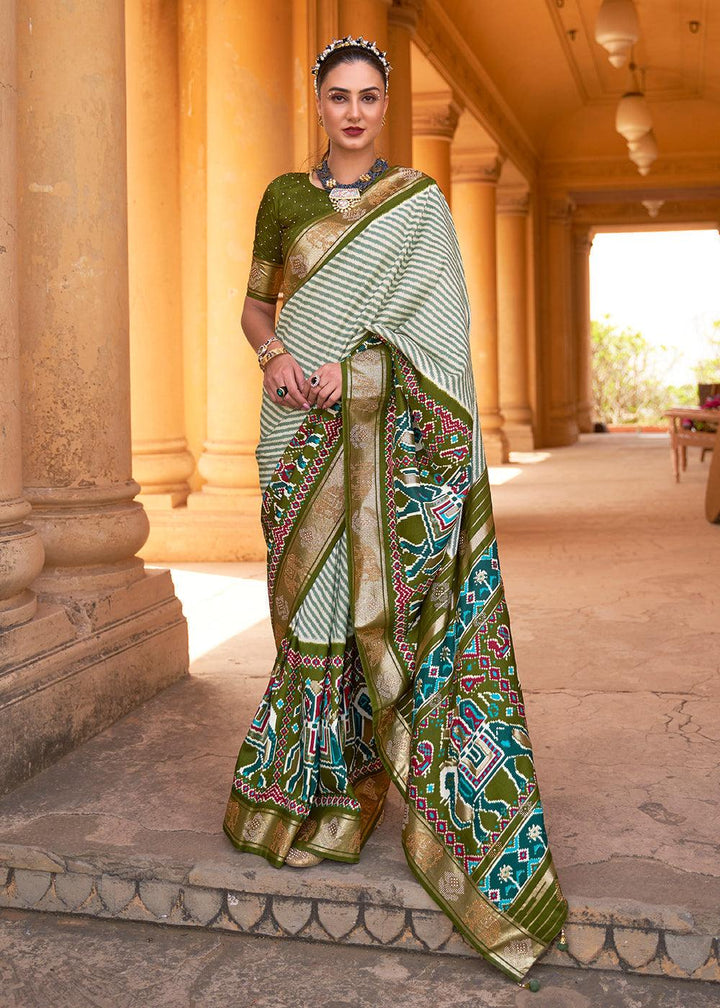 Olive Green Designer Patola Silk Saree with Zari Border & Stone work(Pre-Order) | Stitched Blouse - qivii