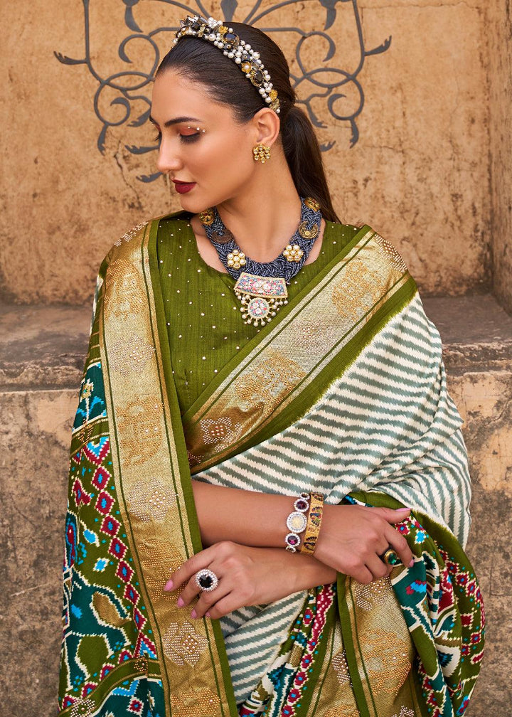 Olive Green Designer Patola Silk Saree with Zari Border & Stone work(Pre-Order) | Stitched Blouse - qivii