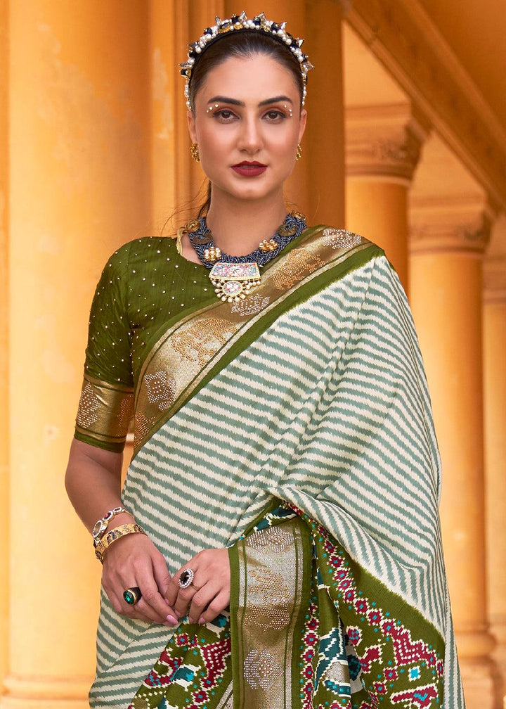 Olive Green Designer Patola Silk Saree with Zari Border & Stone work(Pre-Order) | Stitched Blouse - qivii