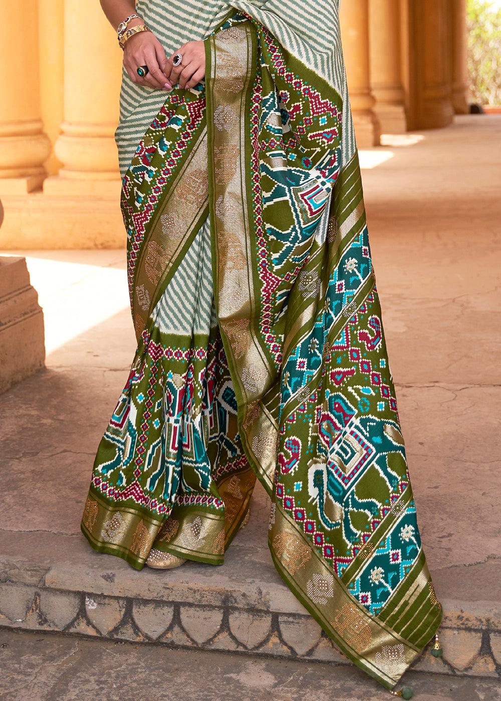 Olive Green Designer Patola Silk Saree with Zari Border & Stone work(Pre-Order) | Stitched Blouse - qivii