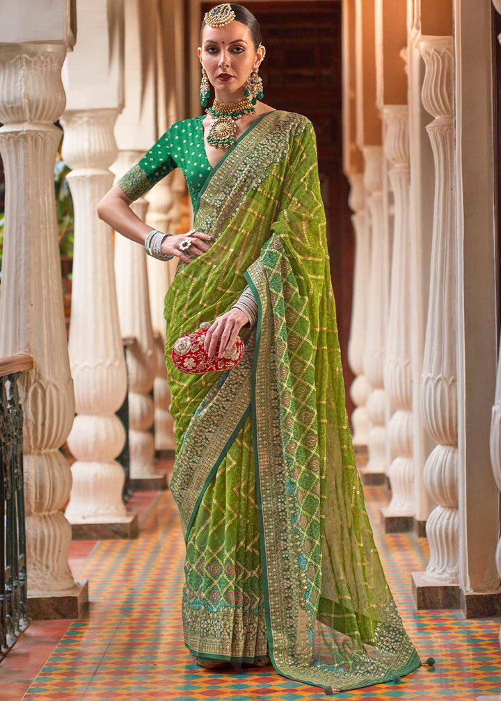 Olive Green Leheriya Printed Georgette Saree | Stitched Blouse - qivii