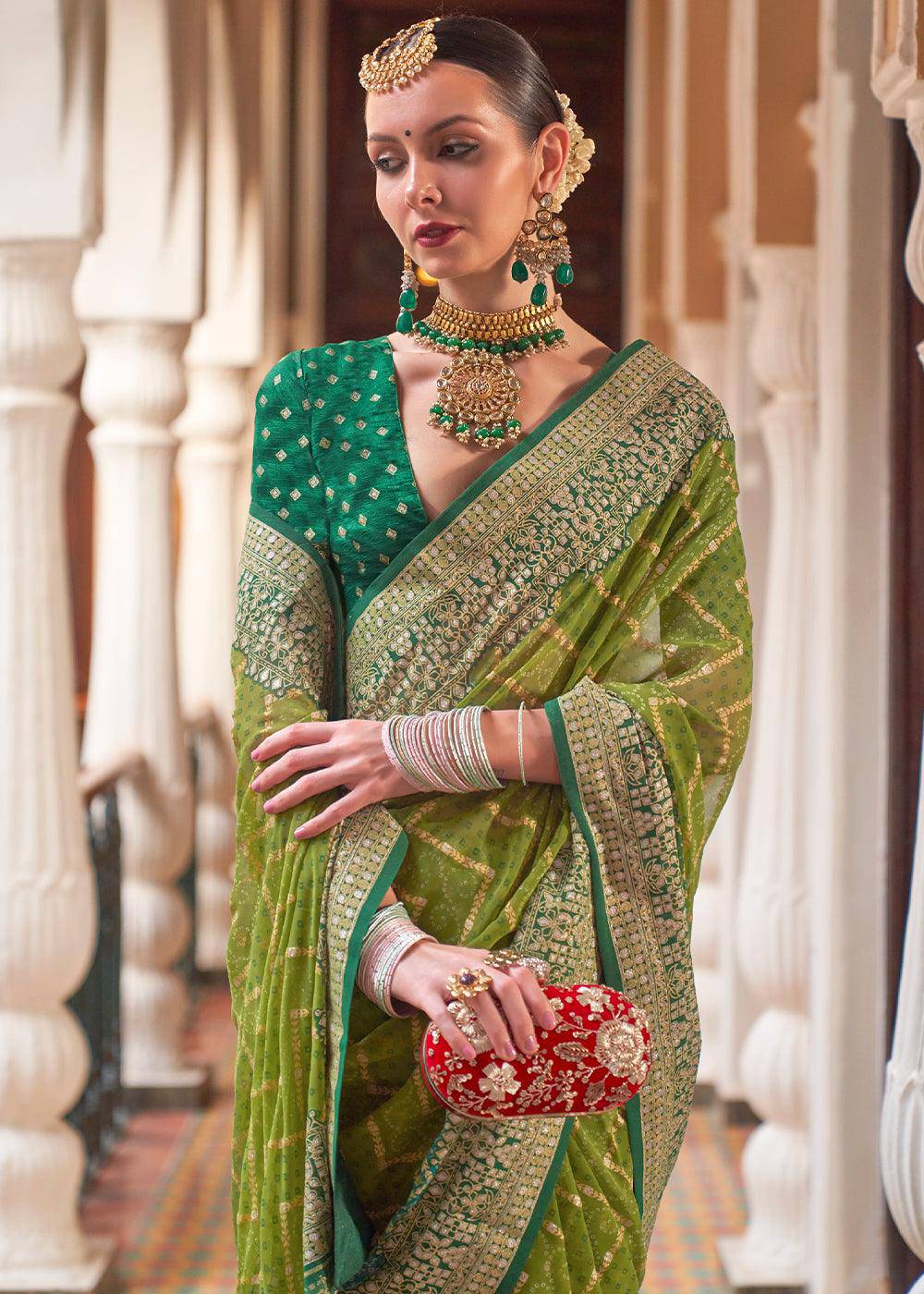 Olive Green Leheriya Printed Georgette Saree | Stitched Blouse - qivii