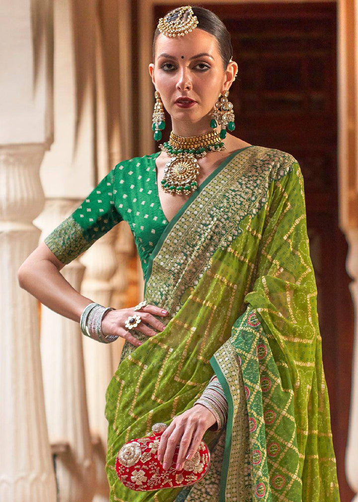 Olive Green Leheriya Printed Georgette Saree | Stitched Blouse - qivii